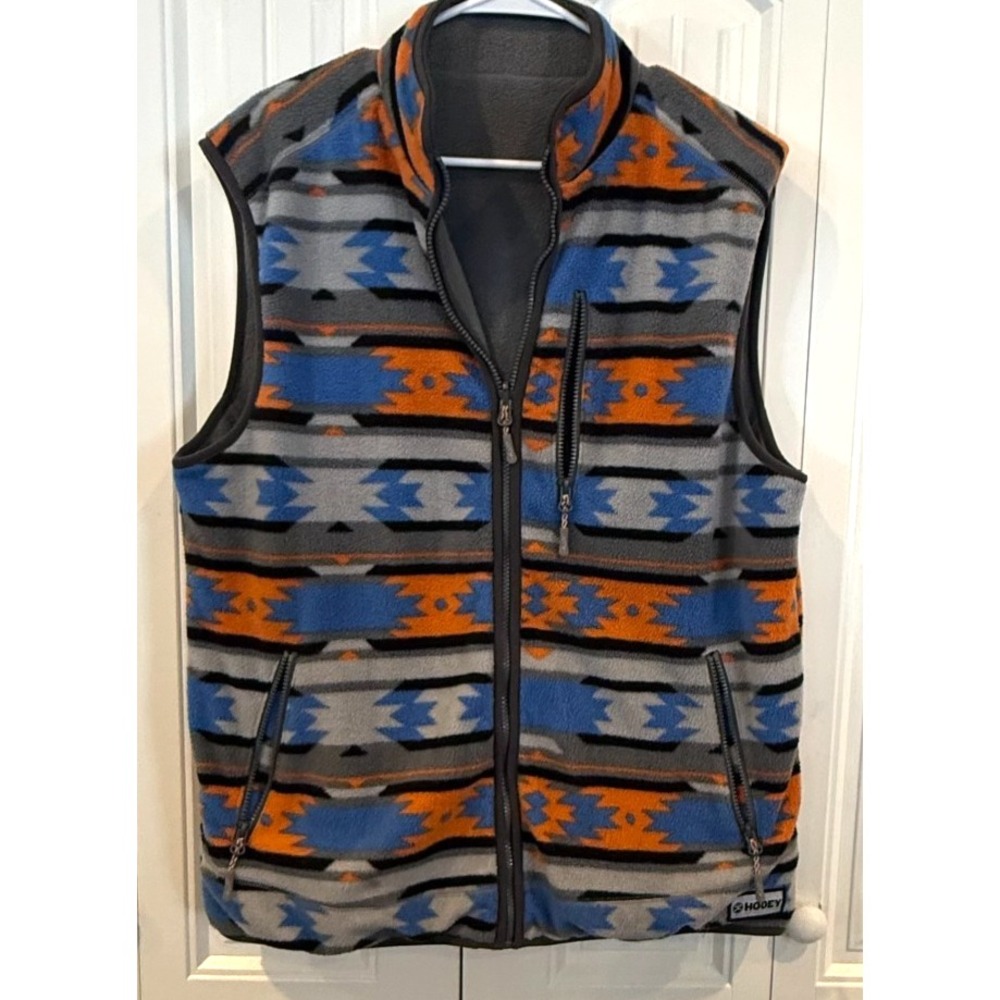 Hooey Southwestern Aztec Fleece Full Zip Vest Men's Large Gray Blue Orange